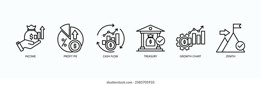 Financial Mastery Icon Set Isolated Vector With Icon Of Income, Profit Pie, Cash Flow, Treasury, Growth Chart, Zenith In Outline Style