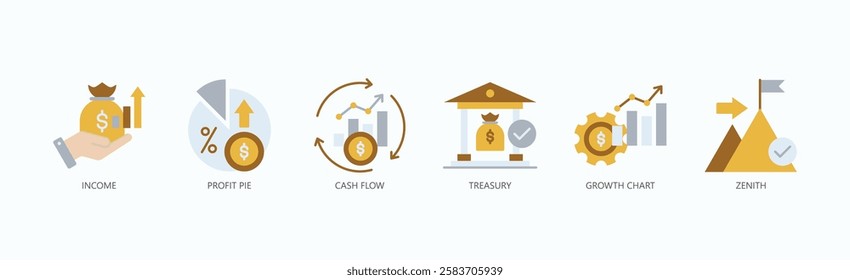 Financial Mastery Icon Set Isolated Vector With Icon Of Income, Profit Pie, Cash Flow, Treasury, Growth Chart, Zenith In Flat Style