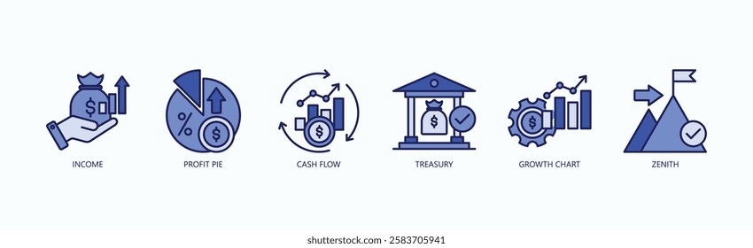 Financial Mastery Icon Set Isolated Vector With Icon Of Income, Profit Pie, Cash Flow, Treasury, Growth Chart, Zenith In Blue Style