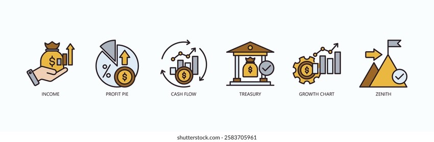 Financial Mastery Icon Set Isolated Vector With Icon Of Income, Profit Pie, Cash Flow, Treasury, Growth Chart, Zenith In Outline Color Style