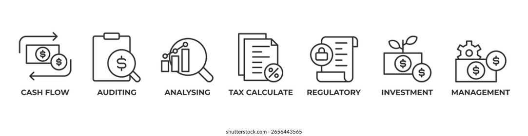 Financial Mastery Icons setzen Vektorgrafik-Umriss mit Cashflow , Auditing, Analyse, Steuerberechnung, Regulierung, Investitionen, Management
