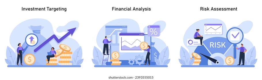 El juego del dominio financiero. Centrado en señalar las oportunidades de crecimiento, evaluar la salud económica y mitigar los riesgos monetarios. Ilustración vectorial plana