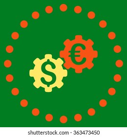 Financial Mechanics vector icon. Style is bicolor flat circled symbol, orange and yellow colors, rounded angles, green background.