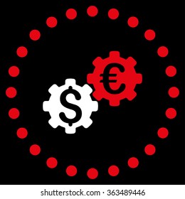 Financial Mechanics vector icon. Style is bicolor flat circled symbol, red and white colors, rounded angles, black background.