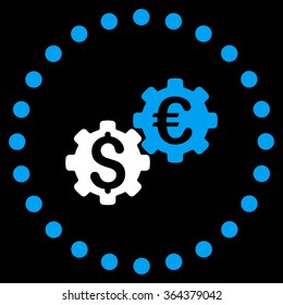 Financial Mechanics vector icon. Style is bicolor flat circled symbol, blue and white colors, rounded angles, black background.