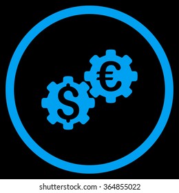 Financial Mechanics vector icon. Style is flat circled symbol, blue color, rounded angles, black background.