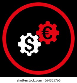 Financial Mechanics vector icon. Style is bicolor flat circled symbol, red and white colors, rounded angles, black background.