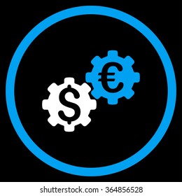 Financial Mechanics vector icon. Style is bicolor flat circled symbol, blue and white colors, rounded angles, black background.
