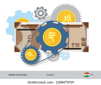 Financial mechanism with 10 Indian Rupee Banknote and coins. Flat style vector illustration. Finance concept.
