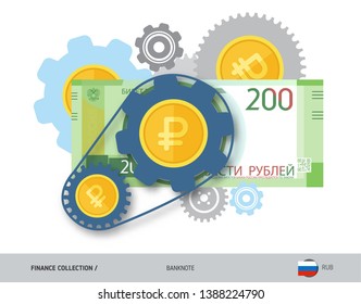 Financial mechanism with 200 Russian Ruble banknote and coins. Flat style vector illustration. Finance concept. 