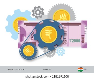 Financial mechanism with 2000 Indian Rupee Banknote and coins. Flat style vector illustration. Finance concept. 