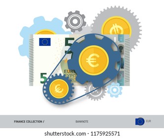 Financial mechanism with 5 Euro Banknote and coins. Flat style vector illustration. Finance concept.
