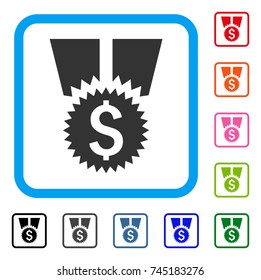 Financial Medal icon. Flat grey pictogram symbol inside a blue rounded frame. Black, gray, green, blue, red, orange color additional versions of Financial Medal vector.