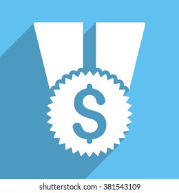 Financial Medal long shadow vector icon. Style is a white flat symbol on a light-blue square background.
