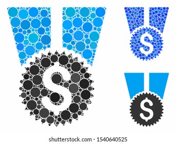 Financial medal mosaic of small circles in different sizes and color tints, based on financial medal icon. Vector filled circles are united into blue mosaic.