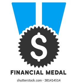 Financial Medal vector icon with caption. Symbol style is a bicolor flat symbol with rounded angles, blue and gray colors, white background.