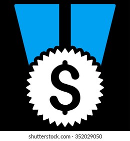 Financial Medal vector icon. Style is bicolor flat symbol, blue and white colors, rounded angles, black background.