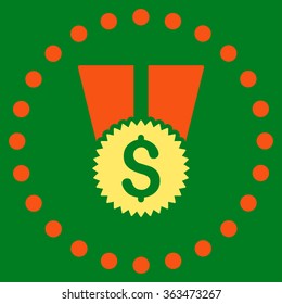 Financial Medal vector icon. Style is bicolor flat circled symbol, orange and yellow colors, rounded angles, green background.