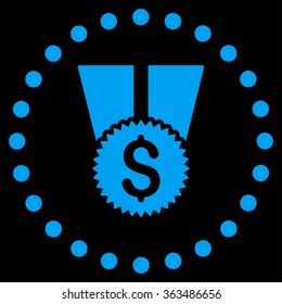 Financial Medal vector icon. Style is flat circled symbol, blue color, rounded angles, black background.