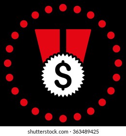 Financial Medal vector icon. Style is bicolor flat circled symbol, red and white colors, rounded angles, black background.