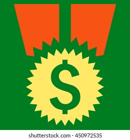 Financial Medal vector icon. Style is bicolor flat symbol, orange and yellow colors, green background.