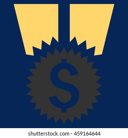 Financial Medal vector icon. Style is flat symbol, yellow color, blue background.