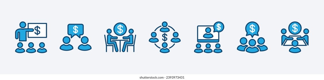 Financial meeting icon set. Icon symbol of teamwork, conference and financial business presentation. For apps and websites. Vector illustration