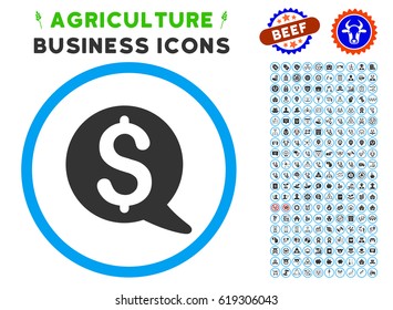Financial Message Balloon rounded icon with agriculture commercial pictogram pack. Vector illustration style is a flat iconic symbol inside a circle, blue and gray colors.