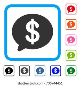 Financial Message icon. Flat gray iconic symbol in a light blue rounded rectangular frame. Black, gray, green, blue, red, orange color versions of Financial Message vector.
