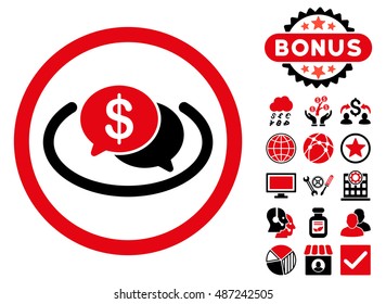 Financial Messages icon with bonus pictogram. Vector illustration style is flat iconic bicolor symbols, intensive red and black colors, white background.