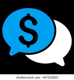 Financial Messages icon. Vector style is bicolor flat iconic symbol with rounded angles, blue and white colors, black background.