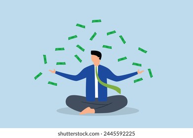 financial mindset, calm businessman meditating with falling money coming in