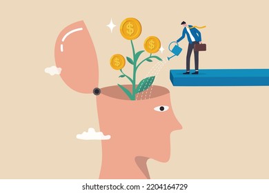 Financial mindset for investor to growing profit, rich mindset or knowledge to grow business, psychology or knowledge for investment concept, businessman watering plant with money from human head.