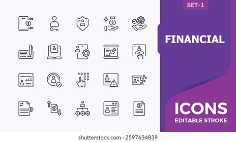Financial minimal icon set. Pack of income, business, audit, banking, management, finance, credit and more. Accounting icons set. Expanded stroke. Minimalist editable vector stroke.