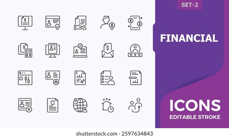 Financial minimal icon set. Pack of income, business, audit, banking, management, finance, credit and more. Accounting icons set. Expanded stroke. Minimalist editable vector stroke.