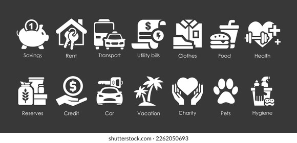 Financial minimalistic stickers for budget of family or company. Simple flat vector icon set collection isolated on а dark background.