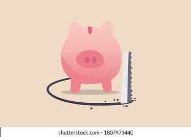 Financial Mistake, Investment Risk And Money Loss In Economic Crisis Or Robbery And Fraud Concept, Wealthy Pink Piggy Bank Being Sawed Under Neath The Floor To Steal Money.