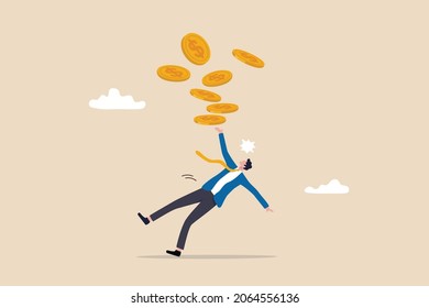 Financial mistake losing money, investment risk or trading failure, debt and loan, cost and expense problem concept, clumsy businessman investor fall on slippery floor losing all money dollar coins.