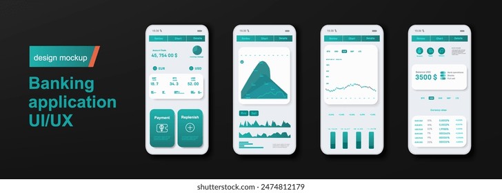 Financial mobile app template. Mobile banking system user interface design. Financial and money transfer management. Infographic with analytics and transaction chart