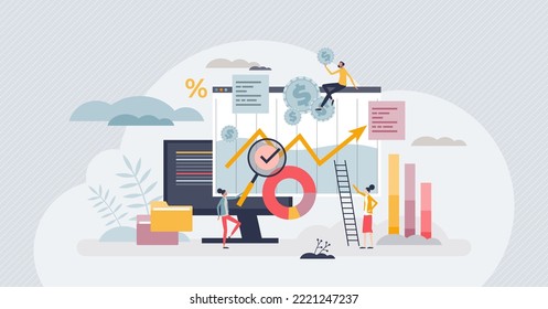 Financial modeling as assets or value data representation tiny person concept. Market analysis with statistical or mathematical calculations vector illustration. Analyzing global market performance.