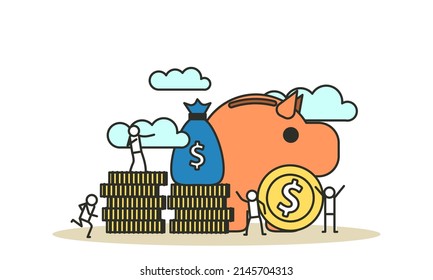 Financial money bank piggy vector people illustration vector with gold coins and money bag. Business flat institution investing account building deposit. Banking cash concept background wealth