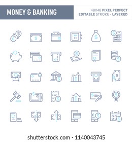 Financial, money and banking  - simple outline icon set. Editable strokes and Layered (each icon is on its own layer with proper name) to enhance your design workflow.