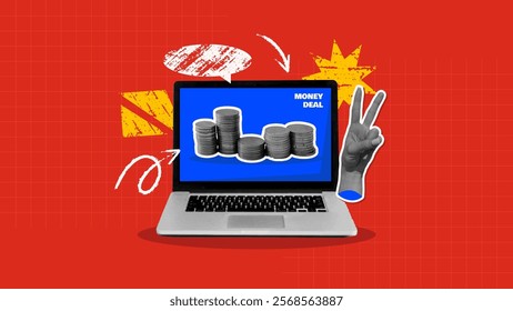 Financial Money Deal Business Background. Halftone collage cutout laptop, hand with grunge funky elements and arrows. Modern concept of money and cash savings, accumulations through banking system. 