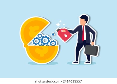 Financial or money liquidity to help economic stimulus, central bank monetary policy to help lubricate economy concept, businessman put lubricant oil on machine gear of opening money dollar coin.