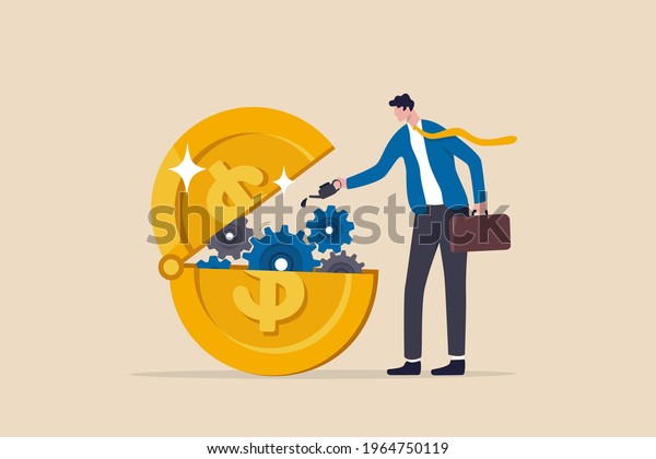 Financial or money liquidity to help economic\
stimulus, central bank monetary policy to help lubricate economy\
concept, businessman put lubricant oil on machine gear of opening\
money dollar coin.