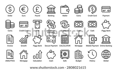 Financial and money management vector outline icons set. concepts of dollar, euro, pound, banking, wallet, coins, credit card, payment, atm, currency exchange, cashback, cash, piggy bank.