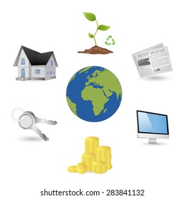 Financial money savings insurance symbol. Home house or real estate and lamp, key signs. Notebook device 