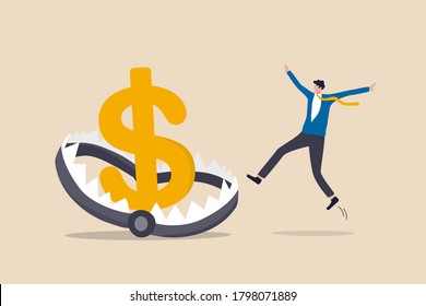 Financial money trap, risk in investment, ponzi scheme or business pitfall concept, businessman investor running and jumping into lore money pitfall or mouse trap with big money dollar sign bait.