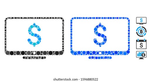 Financial monitoring composition of circle elements in different sizes and color tones, based on financial monitoring icon. Vector circle elements are united into blue composition.