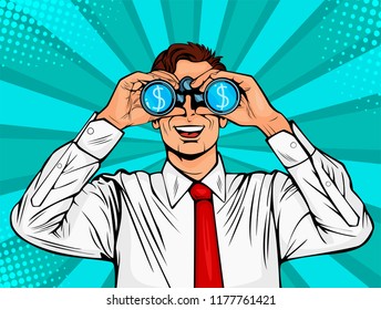 Financial monitoring of currency dollar businessman binoculars. Surprised man with open mouth. Colorful vector background in pop art retro comic style.
